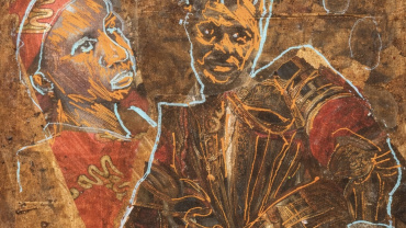 Vierkant mixed-media kunstwerk op MDF met gelaagde collage van uitgescheurde magazinebeelden, bewerkt met acrylverf en stift, in aardetinten met accenten in oranje en lichtblauw.