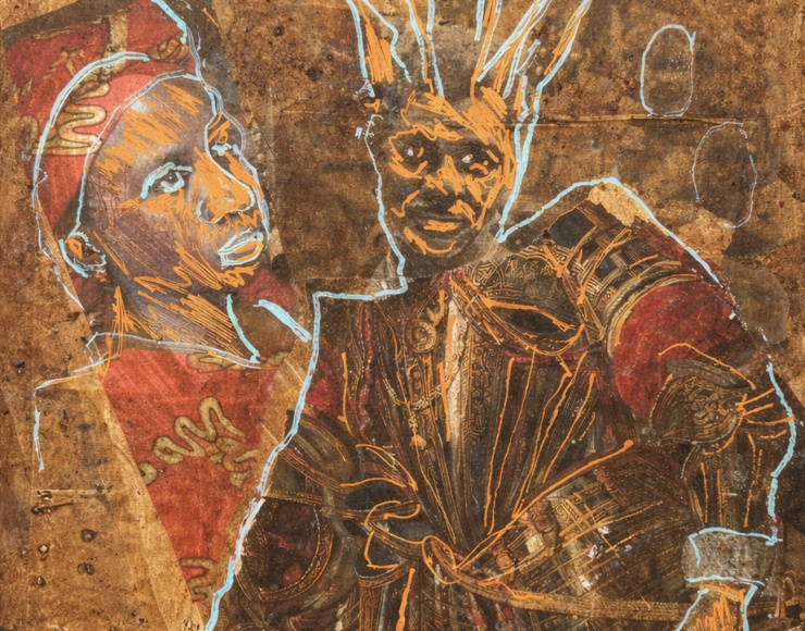 Vierkant mixed-media kunstwerk op MDF met gelaagde collage van uitgescheurde magazinebeelden, bewerkt met acrylverf en stift, in aardetinten met accenten in oranje en lichtblauw.