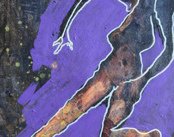 Schilderij met gescheurd magazinebeeld, paars acryl en witte stiftlijn op plaat, 30 × 50 cm.