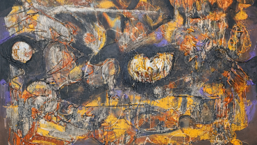 Abstract materieel onderzoek op canvas met gelaagde zwarte, grijze, gele en oranje lagen, waarin lijnen, verdikkingen en open plekken het gedrag van materiaal tonen