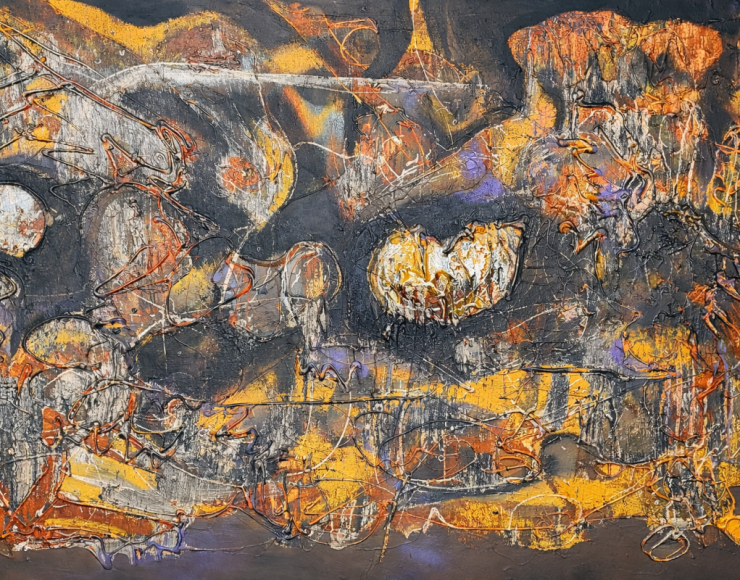 Abstract materieel onderzoek op canvas met gelaagde zwarte, grijze, gele en oranje lagen, waarin lijnen, verdikkingen en open plekken het gedrag van materiaal tonen