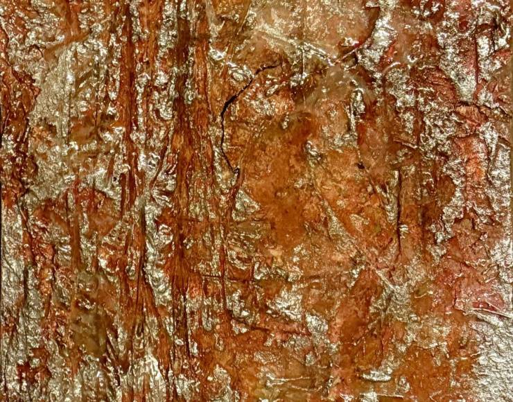 Abstract schilderij met reliëf, opgebouwd uit dikke lagen klei, kit, acrylverf, metallic verf en epoxy in warme aardetinten.