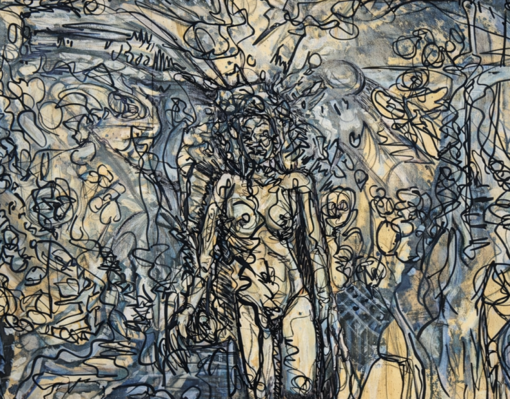 Abstracte schildering op houten paneel met een centrale figuur, opgebouwd uit geschilderde lagen in grijs- en zandtinten, met een expressieve zwarte stifttekening over het gehele oppervlak.