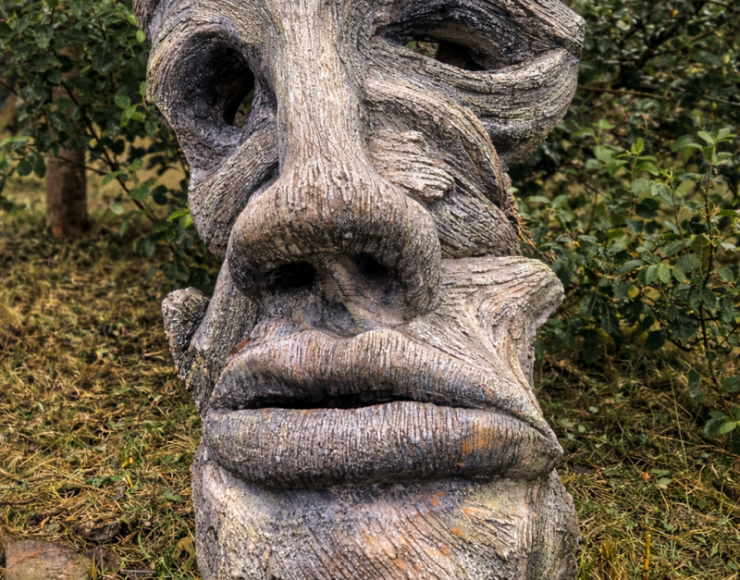 Betonnen sculptuur in de vorm van een abstract hoofd, opgebouwd rond een kern van gerecycled schuim, met een ruwe, gelaagde huid en zichtbare sporen van handmatige bewerking.