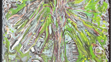 Autonoom schilderij met boomachtige structuur, waarin organisch materiaal is opgenomen en geconserveerd in epoxy.