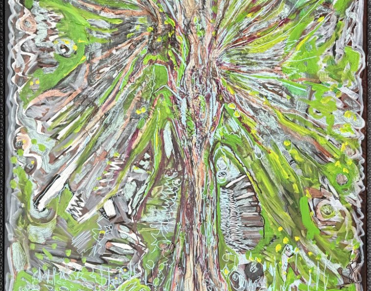 Autonoom schilderij met boomachtige structuur, waarin organisch materiaal is opgenomen en geconserveerd in epoxy.