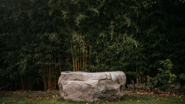 Oerbad® als sculpturaal betonnen bad, geplaatst in een natuurlijke tuinomgeving.