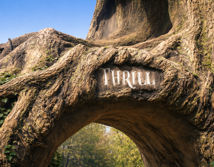 Entree van attractie YOY in Walibi, vormgegeven als betonnen boompoort met de tekst “THRILL”