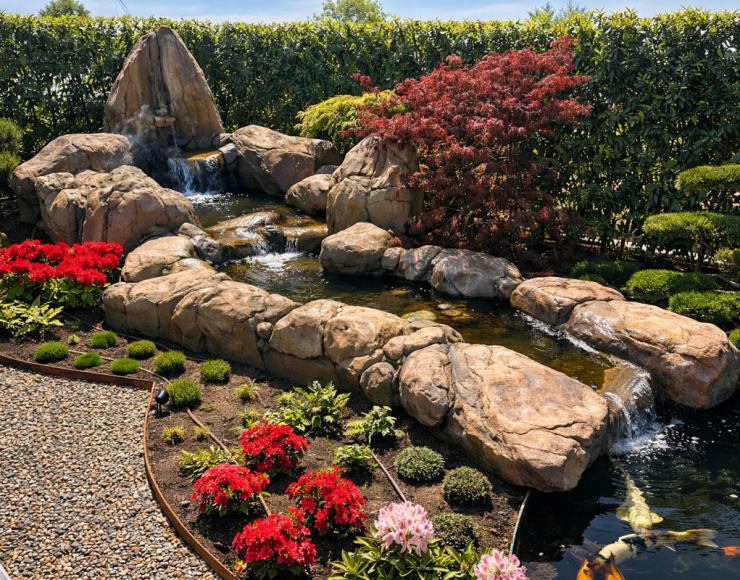 Gerealiseerd sculpturaal waterlandschap met waterval, geïntegreerd in een daktuin.
