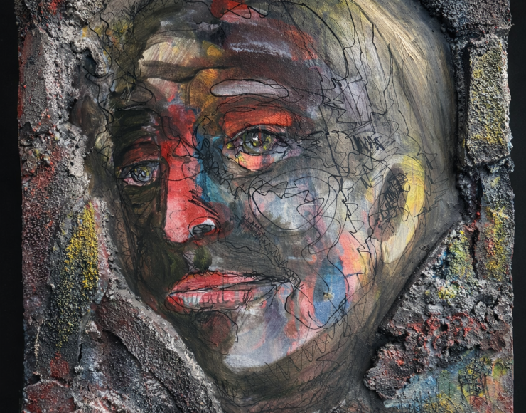 Abstract portret op canvas met schuim en EPS, gelaagd kleurgebruik en gemengde technieken.