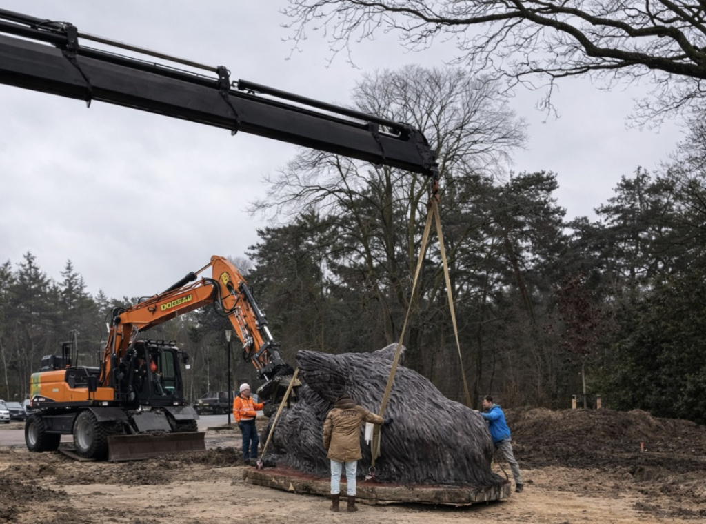 Plaatsing van betonnen keiler met kraan in de openbare ruimte van Nunspeet, BRUUD