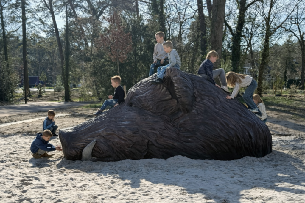 Kinderen spelen op betonnen keiler speelelement in de openbare ruimte van Nunspeet, BRUUD